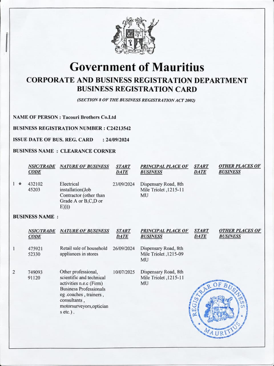 Business Registration Card - Government of Mauritius